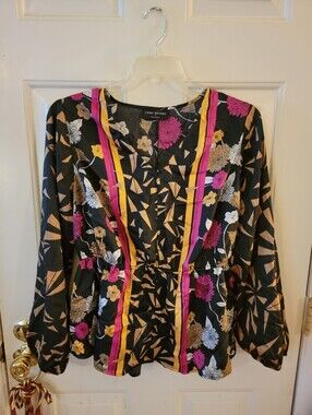 Lane Bryant Black Floral V-Neck Blouse with Pink & Gold Trim